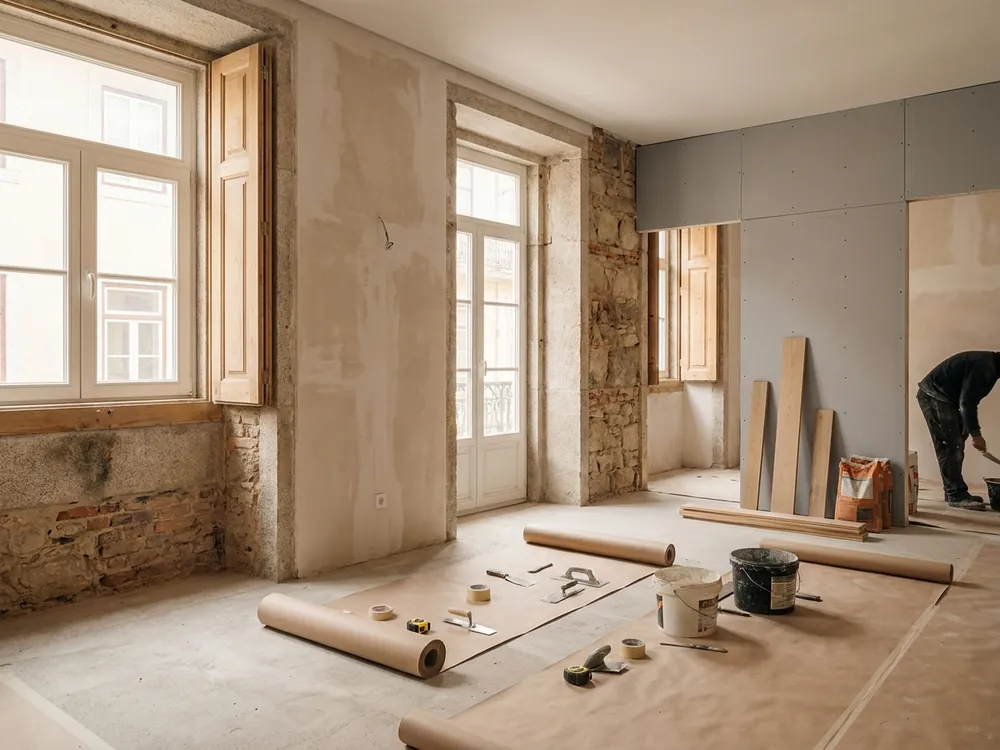 Obra de construção civil em curso num apartamento em Lisboa, com materiais e ferramentas no local.