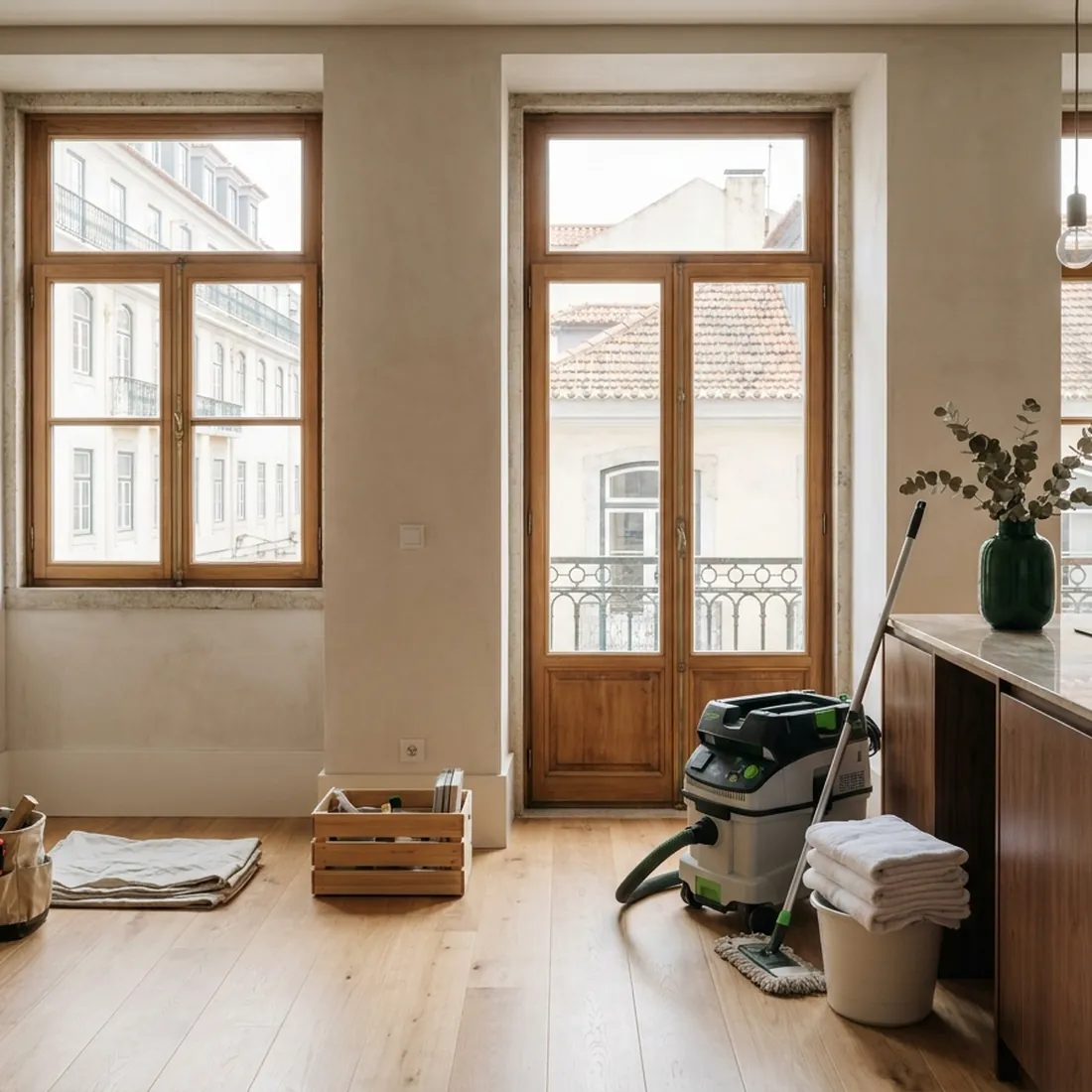Interior de um imóvel em Lisboa com equipamento de limpeza e material de trabalho preparado.