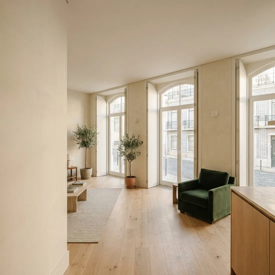 Sala de um imóvel em Lisboa com pavimento em madeira e janelas para a rua.