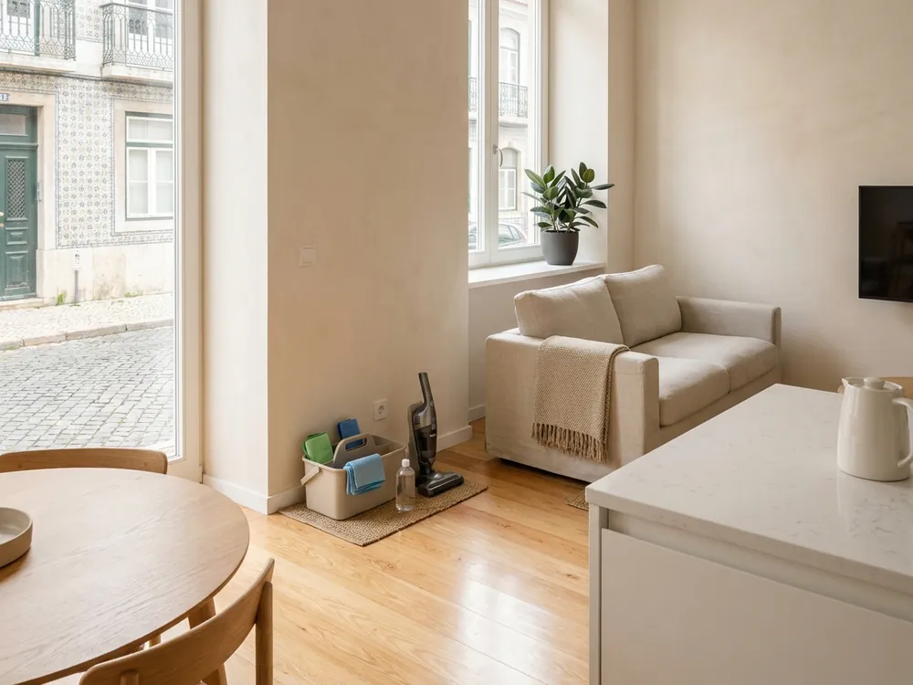 Sala de um apartamento em Lisboa com material de limpeza junto à entrada.